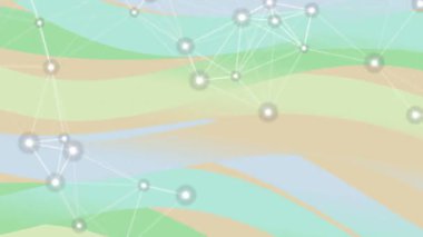 Bilimsel teknoloji ve veri analizi için karmaşık ağ görselleştirmesini temsil eden dalgalı arkaplan üzerinde birbirine bağlı düğüm ve çizgiler.