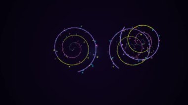 Astronomi bilimi ve yıldızsal evrim sürecinin gösterildiği kozmik bir ağ illüstrasyonunda tasvir edilen neon ışıklı sarmal galaksiler. Canlı renkler ve dinamik grafikler kozmik ışınlar ve evren oluşum öyküsünü vurgular.