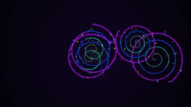 Parlak dairesel neon şekiller, parlak renkler ve karanlık arkaplan üzerinde yıldırım etkisi, dinamik fütüristik dijital sanat eserleri yaratıyor..