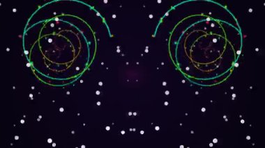 Bilim eğitiminde ve çevrimiçi araştırmalarda çekirdek etrafında dönen renkli elektronları olan atom modellerinin stilize edilmiş çizimi.