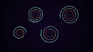 Renkli eşmerkezli daireler ve parlak aydınlatma ile karanlık bir arkaplanda dairesel şekiller oluşturan canlı neon sarmal desenler.