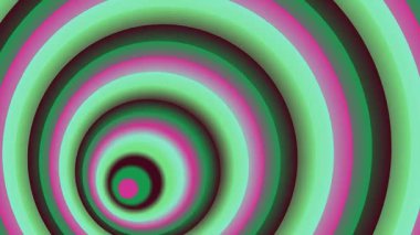 Yeşil ve pembenin gölgelerinde eş merkezli daireler siyah arkaplanda yavaşça dönen dinamik bir optik illüzyon yaratır..