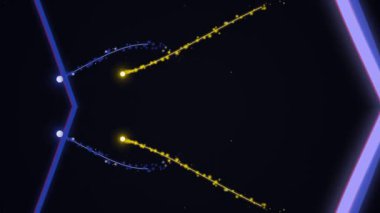 Parlayan neon ışığı, parlak siyah arkaplan çerçevesinde parlak sarı ve mavi çizgileri olan animasyon dizisini izler.