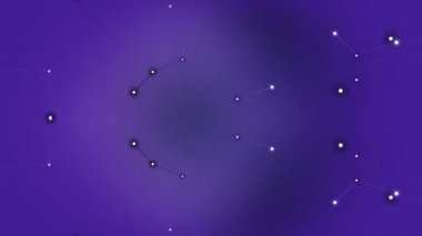 Bağlı noktalar takımyıldızı ile mor eğimli arkaplan ve ince ışık efekti kozmik bir atmosfer yaratır.