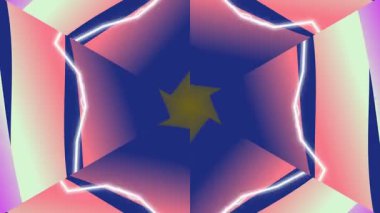 Simetrik bir kaleydoskop tasarımında pembe, mavi ve mor renkli canlı soyut geometrik desen görsel efekt yaratıyor..