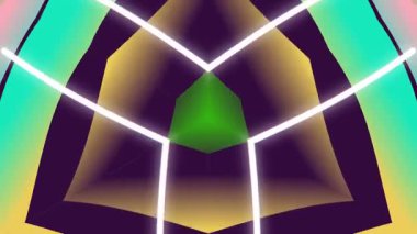 Neon çizgilerle çevrili canlı geometrik şekiller, dinamik görsel efektleri ve renkli görüntüsü olan fütüristik bir dijital sanat yaratıyor..