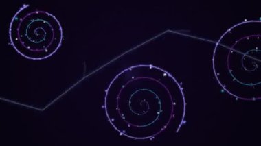 Karanlık bir zemin üzerinde parlak mavi ve mor çizgilerle modern teknoloji ve yenilik kavramlarını temsil eden neon ışıklı spiral grafikler..