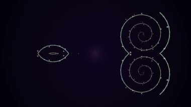 Karmaşık parlayan çizgiler ve spiral şekiller karanlık arka plana karşı dinamik hareket grafikleri oluşturur, sanatsal tasarım ve görsel efekt gösterilir.