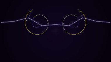 Karanlık zemin üzerinde neon ışıklı minimalist dairesel şekiller fütüristik ve dinamik bir görsel temsil oluşturur..