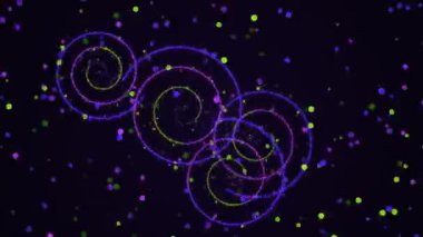 Parlayan neon spiral şekiller ve siyah arkaplan üzerindeki renkli noktalar yaratıcı tasarım projeleri için dinamik görsel etki yaratır.