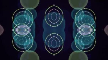 Neon yeşil spiraller ve koyu arkaplanda mor küreler soyut dijital sanatta fütüristik bir görsel efekt oluştururlar. Alevler ve küreler büyüleyici renkli, parıldayan şekiller oluşturur..