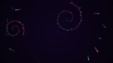 Neon ışıkları dairesel hareketlerle kıvrılır ve karanlık, gizemli bir arka plana karşı canlı ve dinamik bir soyut görsel etki yaratır..