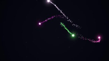 Gece gökyüzünde renkli havai fişekler patlıyor, parlak ışık ve desenler oluşuyor. Parlak parıltılar ve parıldayan küreler kutlama atmosferine eklenir, şenlikli etkinlikler için mükemmeldir..