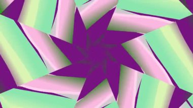 Yeşil ve mor tonlarında kaleydoskop yıldız şekilleri içeren renkli soyut geometrik desen büyüleyici simetri ve görsel efekt yaratır..