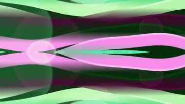 Canlı yeşil ve pembe dalgalı çizgiler katmanlı şeffaf şekillerle kesişir ve modern görsel efektli dinamik dijital sanat yaratır..