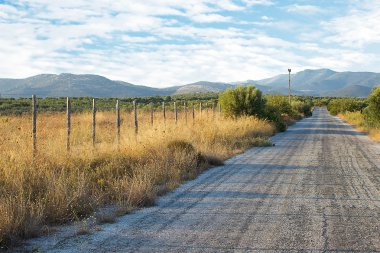 Eski asfalt yolu dağ arka plan ile. Eski ahşap moda 