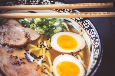 Rich Traditional Japanese Ramen Soup with Homemade Udon Noodles, Pork and Eggs