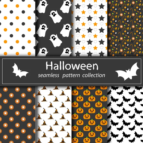 Set de fondos de Halloween. Colección de patrones sin costura en los colores tradicionales de las vacaciones. Ilustración vectorial. Stoke. Calabaza. Dulces. Ghost.Grey, naranja, blanco, color negro . — Archivo Imágenes Vectoriales