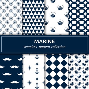 Vektör denizin bir tatil konulu ayarla. Sorunsuz kumaş. Mavi beyaz renk. Çapa. Bıyık Kaptan, Yengeç, zincir, kap.