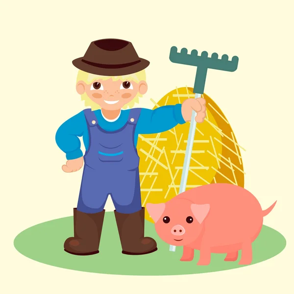 Gülümseyen çiftçi bir komisyon stoick pembe domuz, yanındaki tutan Samanlık — Stok Vektör