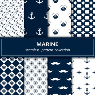 Vektör denizin üzerinde kalan ayarla. Sorunsuz kumaş. Mavi-beyaz renk. Çapa. Kaptan bıyık, zincir, kapak, deniz yıldızı.