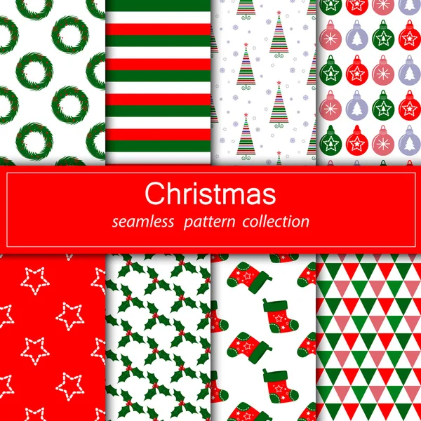 Samling av sömlösa mönster med röda, gröna och vita färg. Uppsättning av festliga bakgrunder. Nyår och jul. Vektorillustration. — Stock vektor
