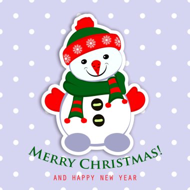 Tebrik kartı. Kırmızı atkı ve şapka ile kardan adam. Noel ve yılbaşı tebrik kartı. Vektör. Stoke.