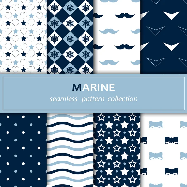 Conjunto de tela sin costura en un azul, azul, blanco. Vector. El tema marino. Estrellas, rayas, zigzags.Eps10 . — Vector de stock