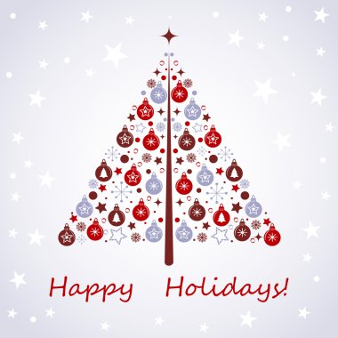 Stilize tasarım Noel oyuncaklar, topları, yıldız ve kar taneleri ile Noel ağacı. Tebrik kartı. Hisse senedi vektör.