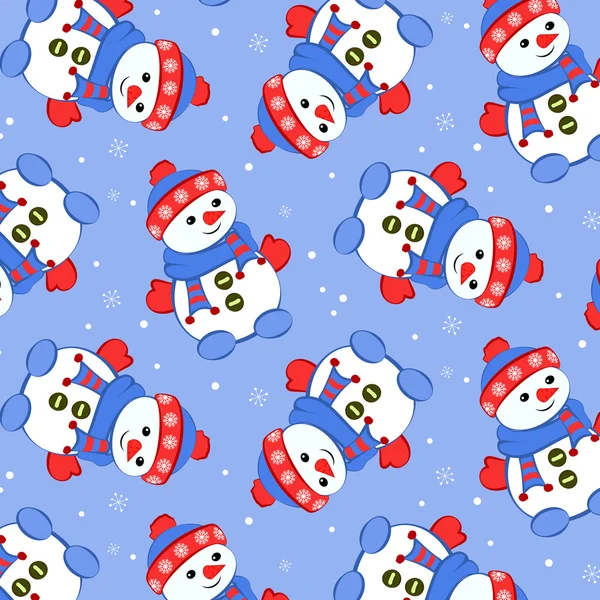 Vecteur de stock. Modèle sans couture avec dessin animé mignon Noël bonhomme de neige neige hiver fond bleu . — Image vectorielle