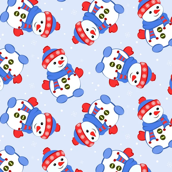 Vecteur de stock. Modèle sans couture avec dessin animé mignon Noël bonhomme de neige neige hiver fond bleu . — Image vectorielle