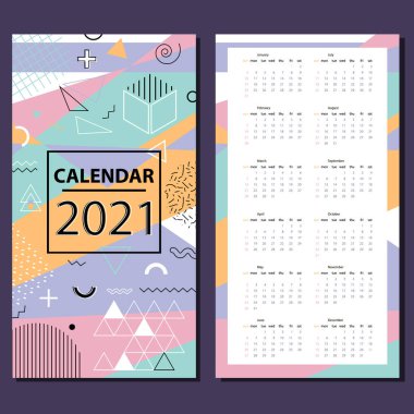 Takvim 2021 - vektör illüstrasyonu. Hafta pazar günü başlıyor.