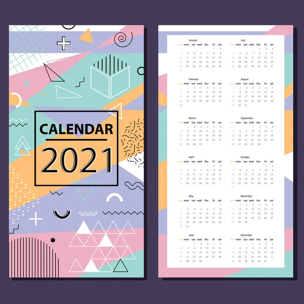 Calendrier 2021 année - illustration vectorielle. La semaine commence le dimanche — Image vectorielle