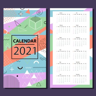 2021 için basit takvim çizelgesi. Hafta pazar günü başlıyor. Memphis tarzı.