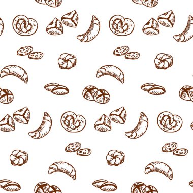 Curasanlar ve çörekler de dahil olmak üzere, eğlenceli ve modern tarzda çeşitli ekmek çeşitleri. Beyaz arkaplanda el yapımı fırın ürünleri var..