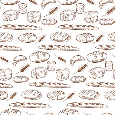 Baget, ekmek, un, somun, tahıl gibi eğlenceli, modern tarzda çeşitli ekmek türleri. Beyaz arkaplanda el yapımı fırın ürünleri var..