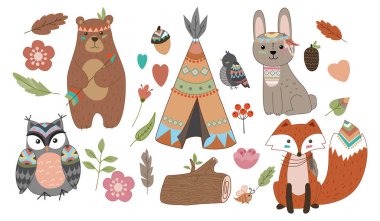 Tuhaf üreyen hayvanlar. Orman hayvanı yavrusu, sevimli vahşi tilki, ayı ve şirin tavşan, komik baykuş..