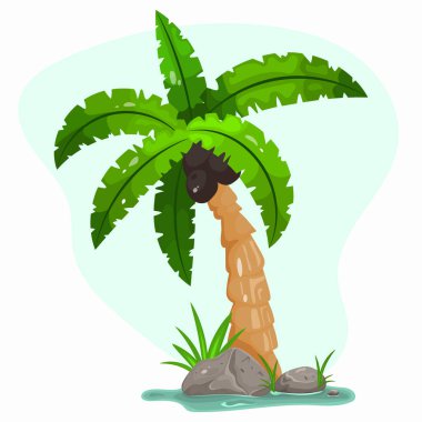 Yeşil yapraklı çizgi film palmiye ağacı, egzotik bir yaz mevsiminde yetişen tropik bir bitki simgesidir..