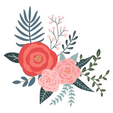 Beyaz arka plandaki tasarımınız için bir buket çiçek ve çiçek. El çizimi..