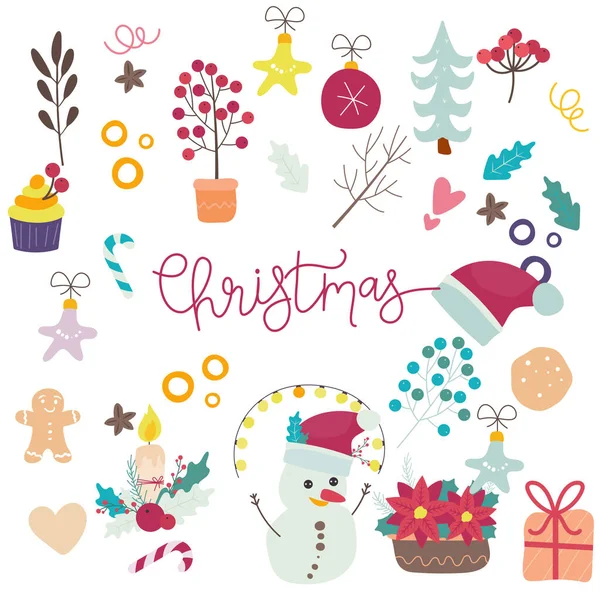 Vector set of holiday icons: sweater, Christmas ornaments, gingerbread cookies, candles, gift, snowman. Kids illustration for Christmas time. Scrapbook collection. Winter greeting card. — Stock Vector