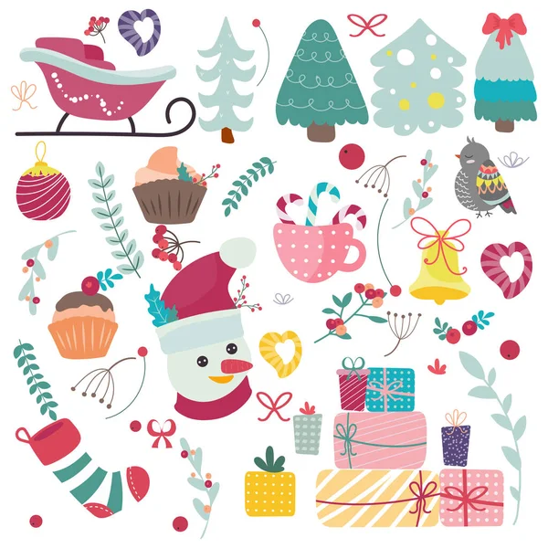 Διάνυσμα σύνολο εικονίδια διακοπών: χριστουγεννιάτικο δέντρο διακοσμήσεις, μπισκότα μελόψωμο, κεριά, δώρο, χιονάνθρωπος. Παιδικές εικονογραφήσεις για τα Χριστούγεννα. — Διανυσματικό Αρχείο