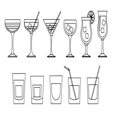 Kokteyller, şarap ve buzlu bardak ve süslemelerden oluşan on çeşit siyah çizgi sanat kadehi..