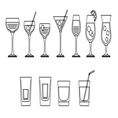 Çeşitli kokteyl ve içki bardaklarının ana hatları. Martini ve shot stilleri de dahil..
