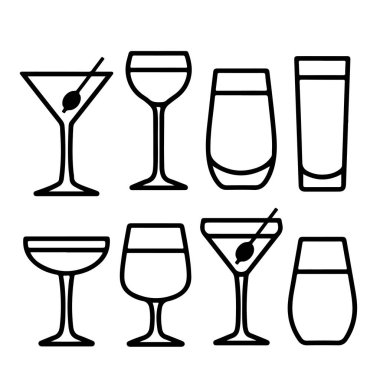 Basit siyah taslak simgeleri bar servisi için çeşitli kokteyl bardakları ve içki bardaklarını gösterir.