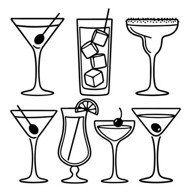 Basit siyah taslak simgeleri bar servisi için çeşitli kokteyl bardakları ve içki bardaklarını gösterir.