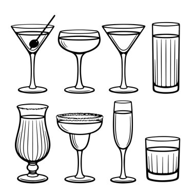 Basit siyah taslak simgeleri bar servisi için çeşitli kokteyl bardakları ve içki bardaklarını gösterir.