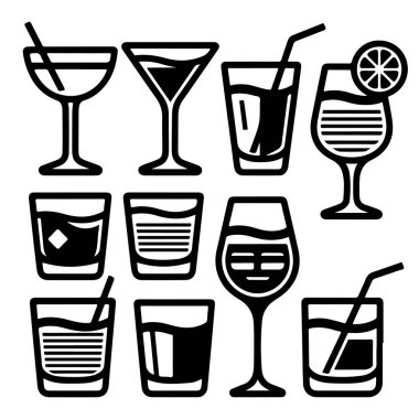 Çeşitli soğuk kokteyller ve içecekler servis etmek için kullanılan on farklı siyah çizgili gözlük koleksiyonu..