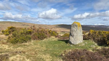 Countryside landscape near Milquhanzie Hill in Perth and Kinross Scotland showing ridge summit with masts, walking paths, and nearby ancient standing stones.