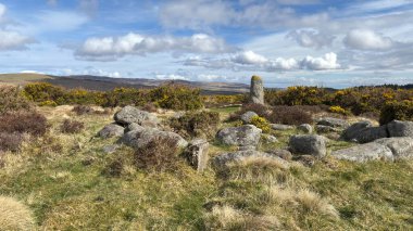 Countryside landscape near Milquhanzie Hill in Perth and Kinross Scotland showing ridge summit with masts, walking paths, and nearby ancient standing stones.