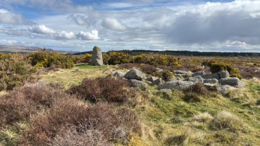 Countryside landscape near Milquhanzie Hill in Perth and Kinross Scotland showing ridge summit with masts, walking paths, and nearby ancient standing stones.